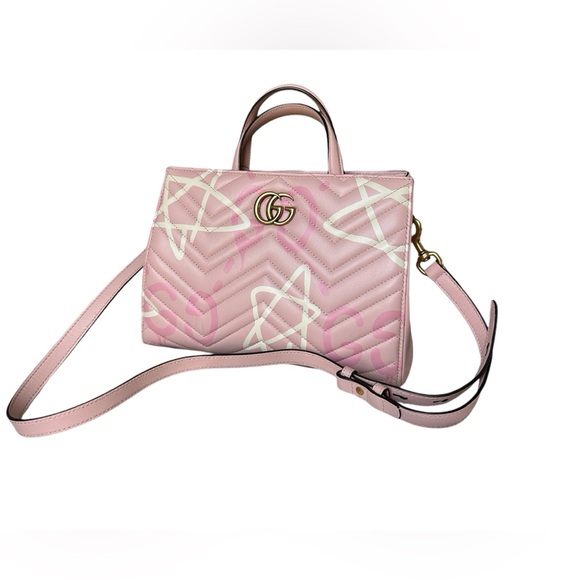 GUCCI Ghost Marmont GG Matelassé 2-way tote top handle bag pink graffiti chevron - Picture 2 of 14